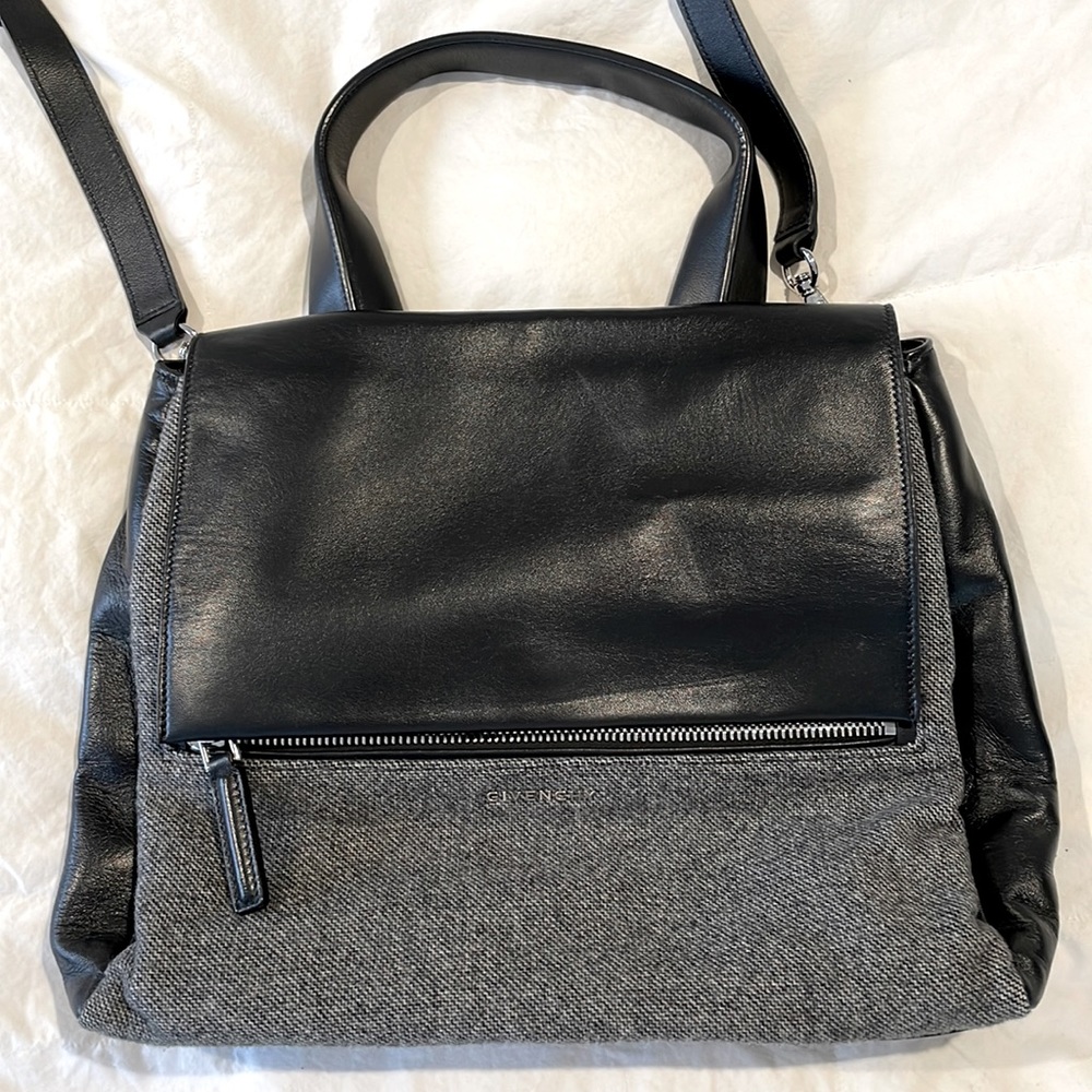 GIVENCHY Pandora Flap Calfskin Leather and Tweed Wool Bag w/Crossbody Strap